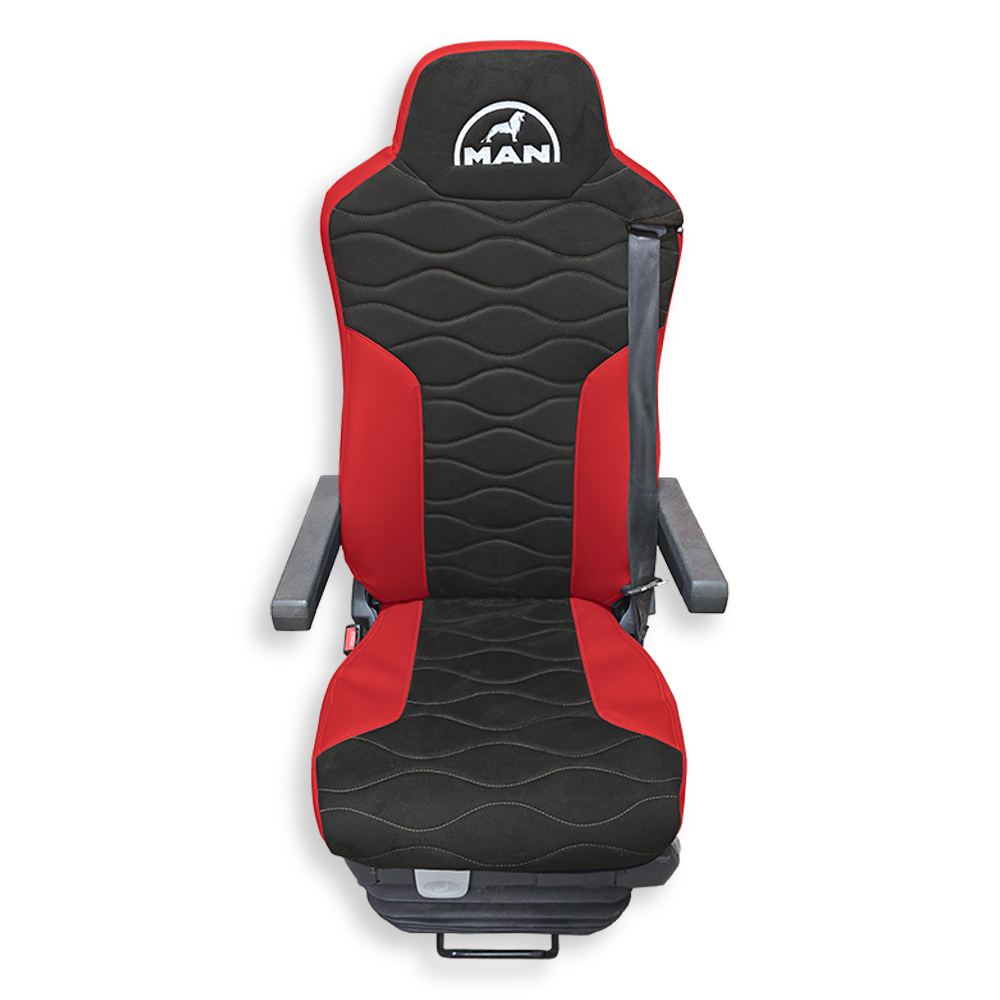 Чехол на сиденья MAN TGX,TGA,TGL,TGM,TGS; (2007-2020) 2 ремня, водитель и пассажир (Низкий) т.серая алькантара - красная кожа Чехол на сиденья MAN TGX,TGA,TGL,TGM,TGS; (2007-2020) 2 ремня, водитель и пассажир (Низкий) т.серая алькантара - красная кожа