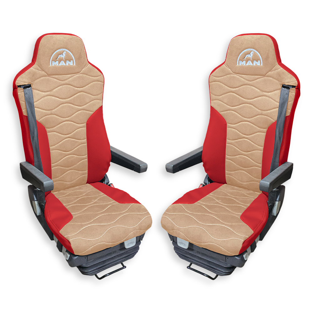 Чохол на сидіння MAN TGX, TGA, TGL, TGM, TGS; (2007-2020) 2 ременя, водій та пасажир (Низький) бежева алькантара - червона шкіра Чохол на сидіння MAN TGX, TGA, TGL, TGM, TGS; (2007-2020) 2 ременя, водій та пасажир (Низький) бежева алькантара - червона шкіра