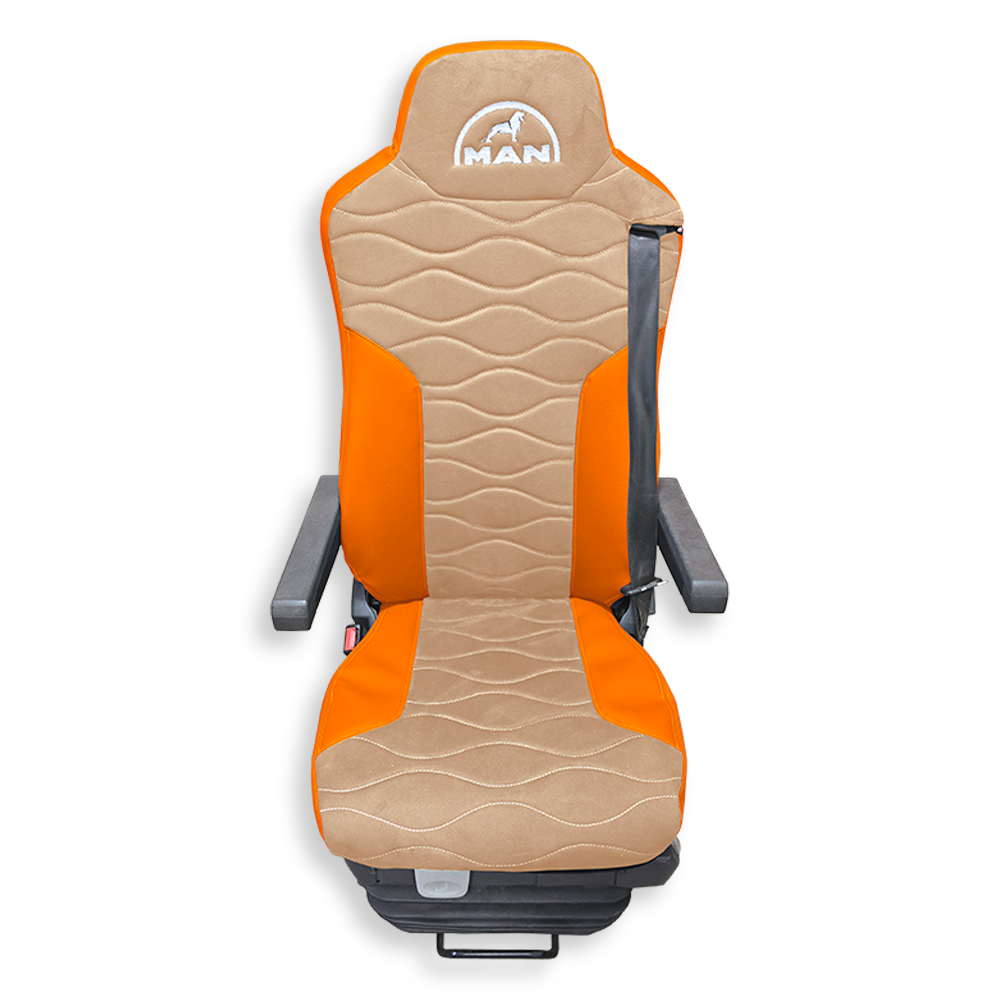 Чехол на сиденья MAN TGX,TGA,TGL,TGM,TGS; (2007-2020) 2 ремня, водитель и пассажир (Низкий) бежевая алькантара - оранжевая кожа Чехол на сиденья MAN TGX,TGA,TGL,TGM,TGS; (2007-2020) 2 ремня, водитель и пассажир (Низкий) бежевая алькантара - оранжевая кожа