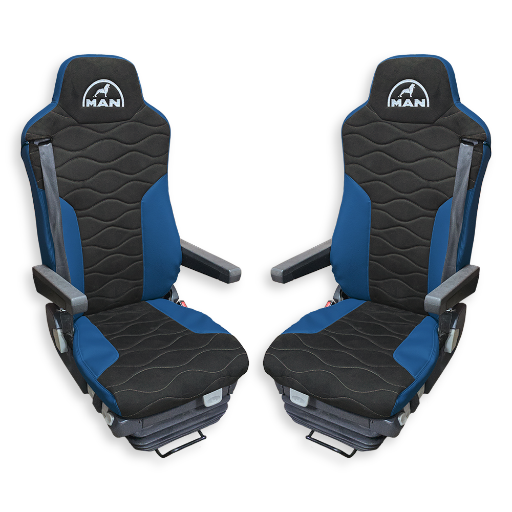 Чехол на сиденья Twin MAN TGX,TGA,TGL,TGM,TGS; (2007-2020) 2 ремня, водитель и пассажир (Низкий) т. серая алькантара - св. синяя кожа