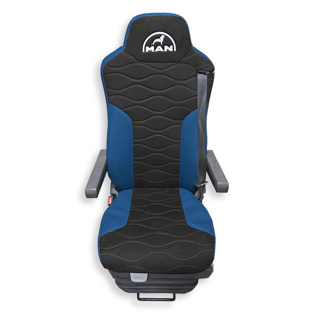 Чехол на сиденья Twin MAN TGX,TGA,TGL,TGM,TGS; (2007-2020) 2 ремня, водитель и пассажир (Низкий) т. серая алькантара - св. синяя кожа