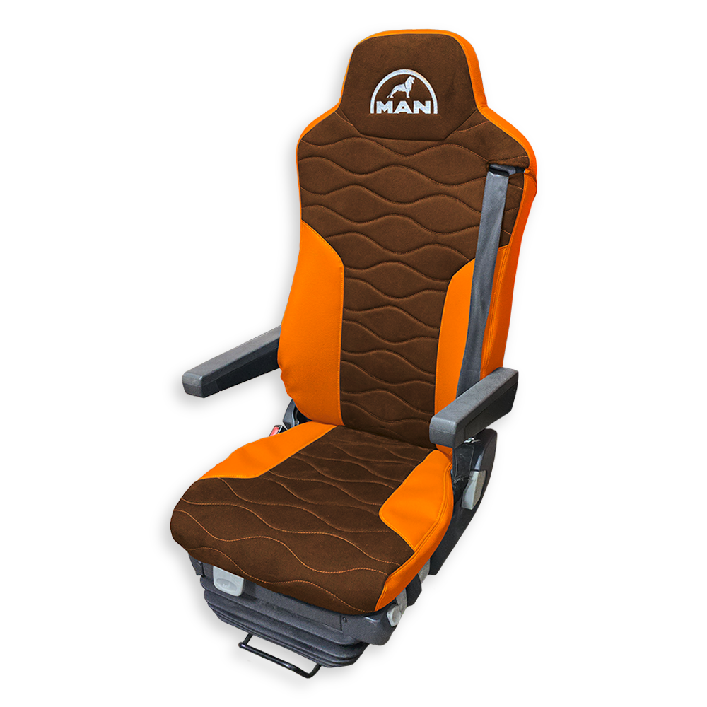 Чехол на сиденья MAN TGX,TGA,TGL,TGM,TGS; (2007-2020) 2 ремня, водитель и пассажир (Низкий) св. коричневая алькантара - оранжевая кожа Чехол на сиденья MAN TGX,TGA,TGL,TGM,TGS; (2007-2020) 2 ремня, водитель и пассажир (Низкий) св. коричневая алькантара - оранжевая кожа