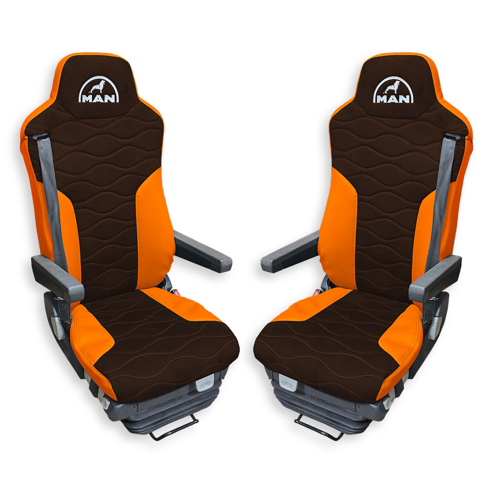 Чехол на сиденья MAN TGX,TGA,TGL,TGM,TGS; (2007-2020) 2 ремня, водитель и пассажир (Низкий) коричневая алькантара - оранжевая кожа Чехол на сиденья MAN TGX,TGA,TGL,TGM,TGS; (2007-2020) 2 ремня, водитель и пассажир (Низкий) коричневая алькантара - оранжевая кожа