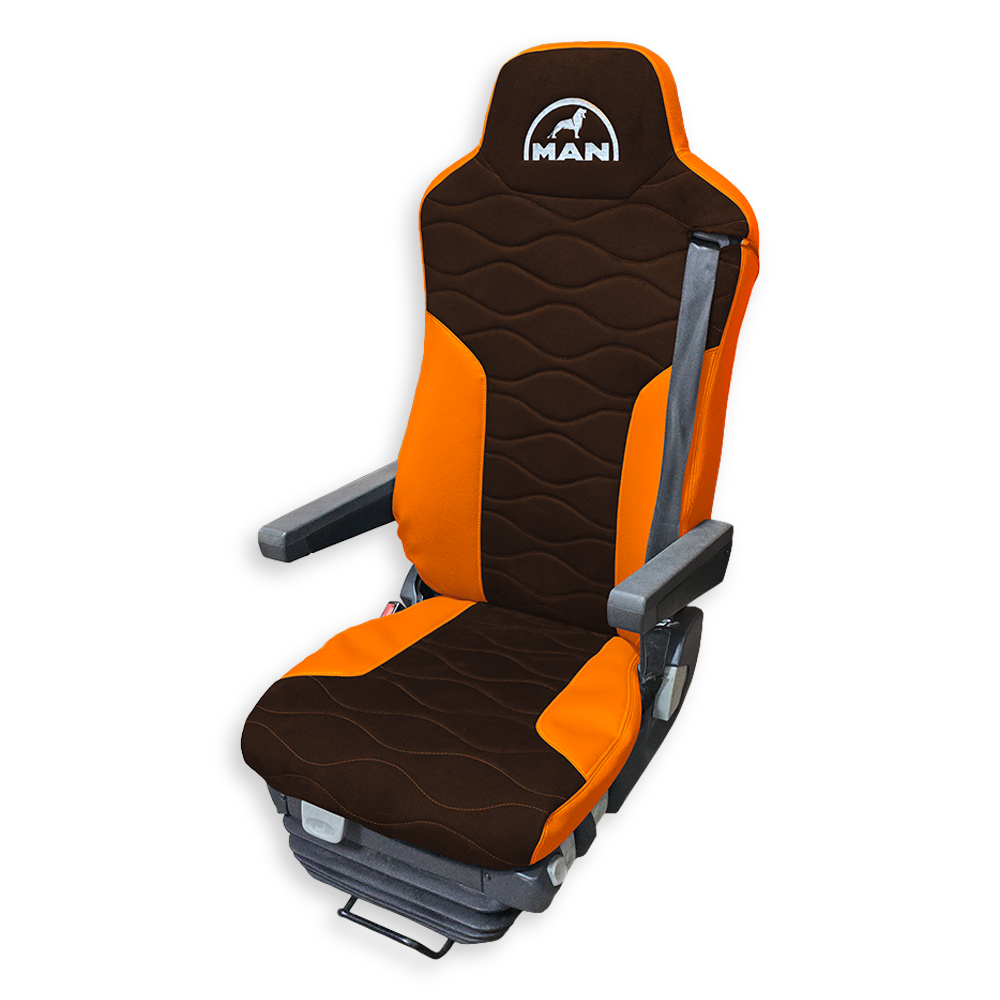Чехол на сиденья MAN TGX,TGA,TGL,TGM,TGS; (2007-2020) 2 ремня, водитель и пассажир (Низкий) коричневая алькантара - оранжевая кожа Чехол на сиденья MAN TGX,TGA,TGL,TGM,TGS; (2007-2020) 2 ремня, водитель и пассажир (Низкий) коричневая алькантара - оранжевая кожа