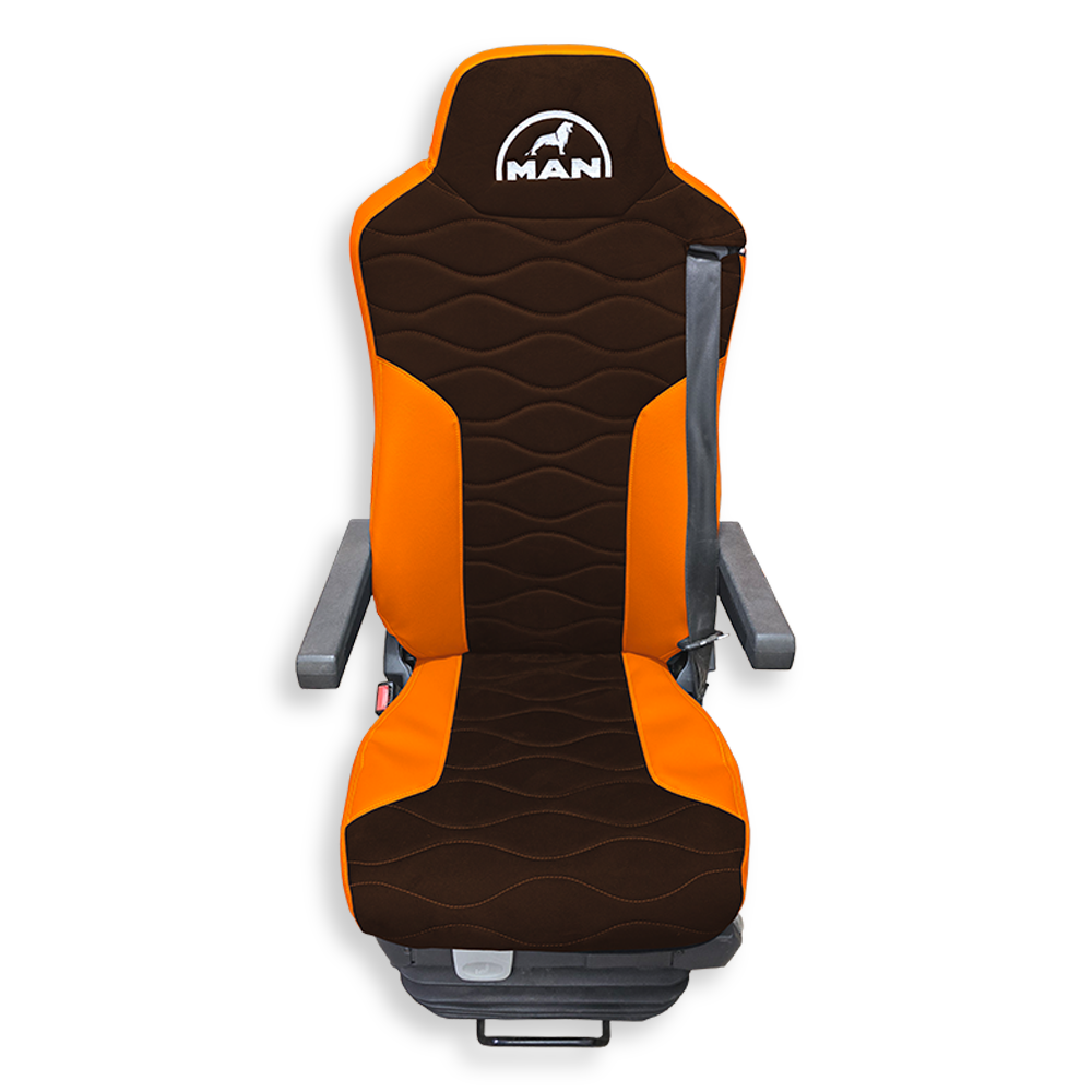 Чехол на сиденья MAN TGX,TGA,TGL,TGM,TGS; (2007-2020) 2 ремня, водитель и пассажир (Низкий) коричневая алькантара - оранжевая кожа Чехол на сиденья MAN TGX,TGA,TGL,TGM,TGS; (2007-2020) 2 ремня, водитель и пассажир (Низкий) коричневая алькантара - оранжевая кожа