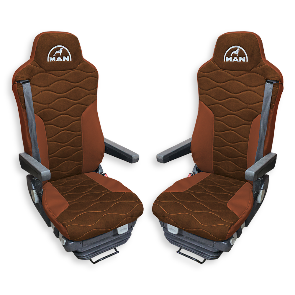 Чехол на сиденья MAN TGX,TGA,TGL,TGM,TGS; (2007-2020) 2 ремня, водитель и пассажир (Низкий) св.коричневая алькантара - св. коричневая кожа Чехол на сиденья MAN TGX,TGA,TGL,TGM,TGS; (2007-2020) 2 ремня, водитель и пассажир (Низкий) св.коричневая алькантара - св. коричневая кожа