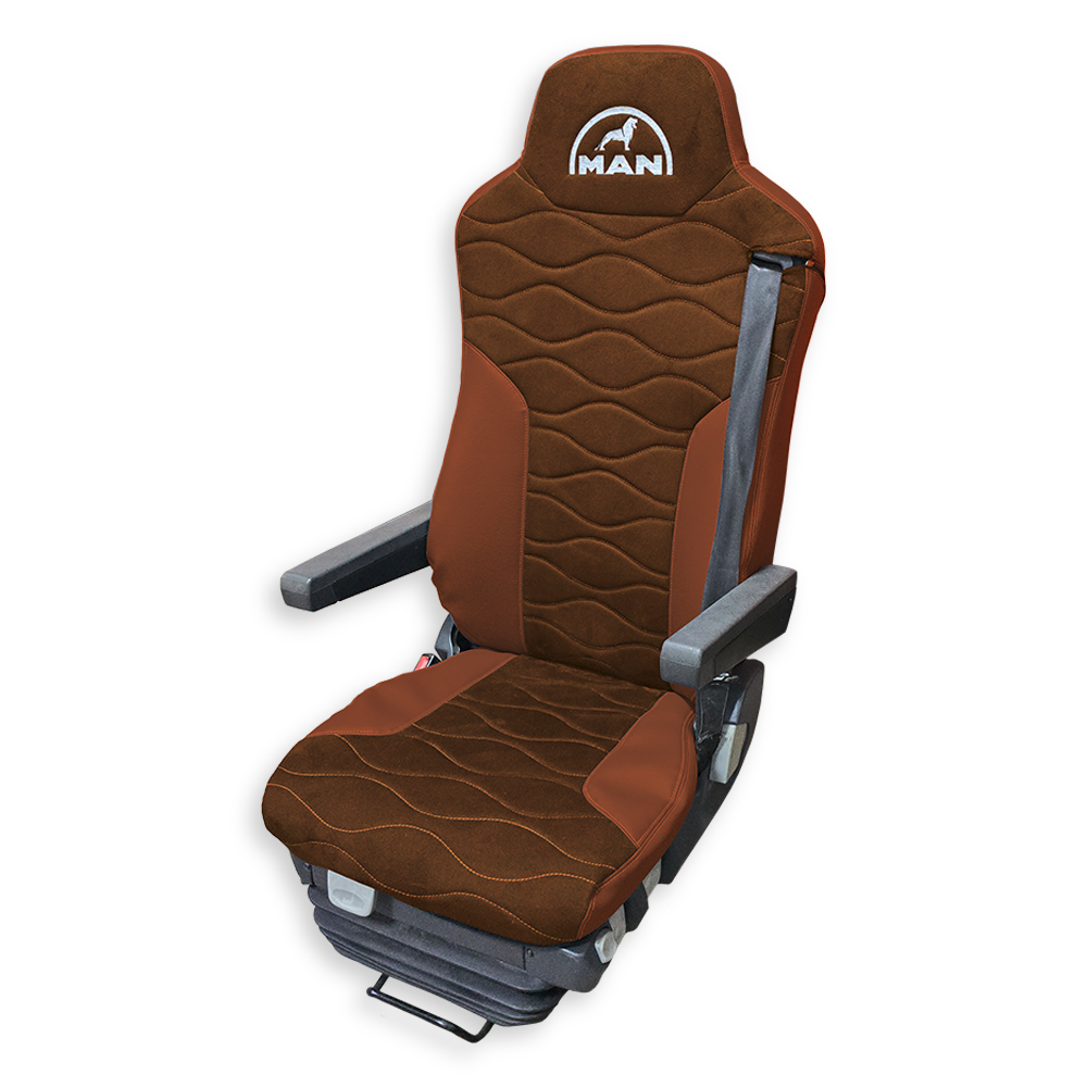 Чехол на сиденья MAN TGX,TGA,TGL,TGM,TGS; (2007-2020) 2 ремня, водитель и пассажир (Низкий) св.коричневая алькантара - св. коричневая кожа Чехол на сиденья MAN TGX,TGA,TGL,TGM,TGS; (2007-2020) 2 ремня, водитель и пассажир (Низкий) св.коричневая алькантара - св. коричневая кожа