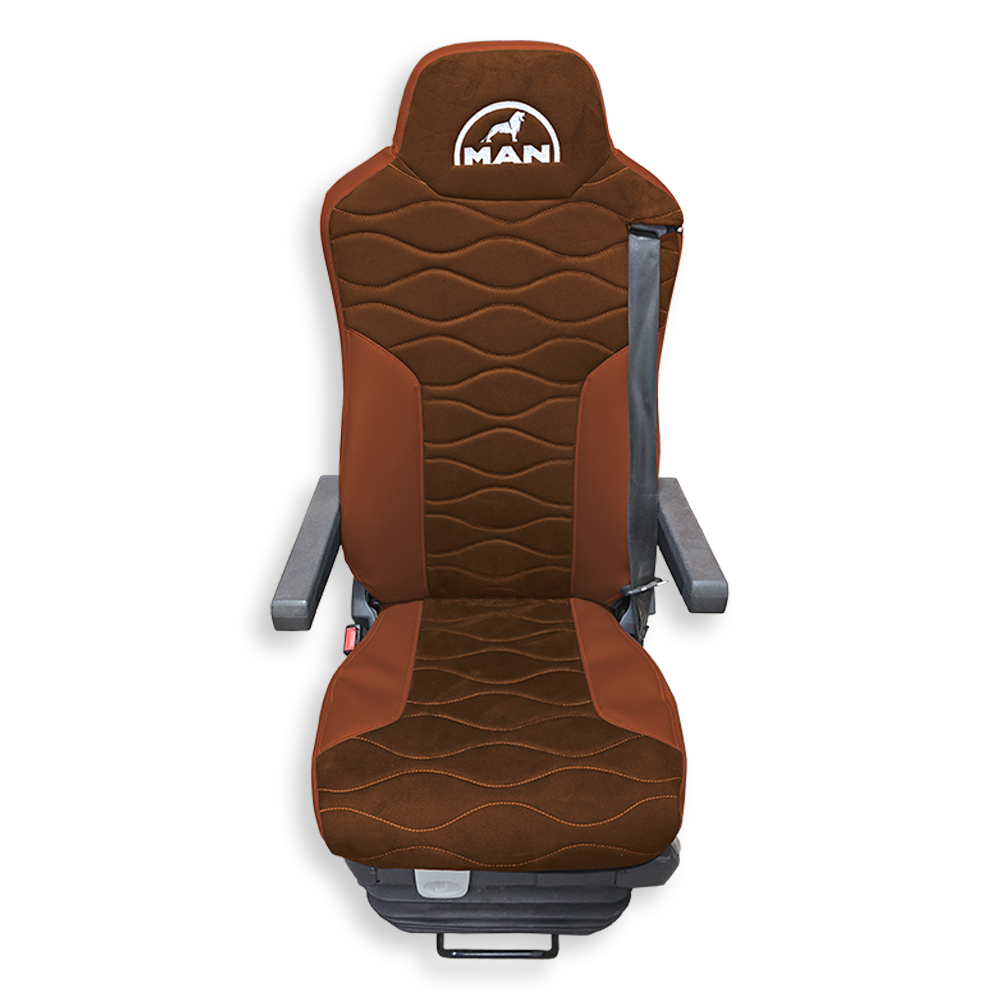 Чехол на сиденья MAN TGX,TGA,TGL,TGM,TGS; (2007-2020) 2 ремня, водитель и пассажир (Низкий) св.коричневая алькантара - св. коричневая кожа Чехол на сиденья MAN TGX,TGA,TGL,TGM,TGS; (2007-2020) 2 ремня, водитель и пассажир (Низкий) св.коричневая алькантара - св. коричневая кожа