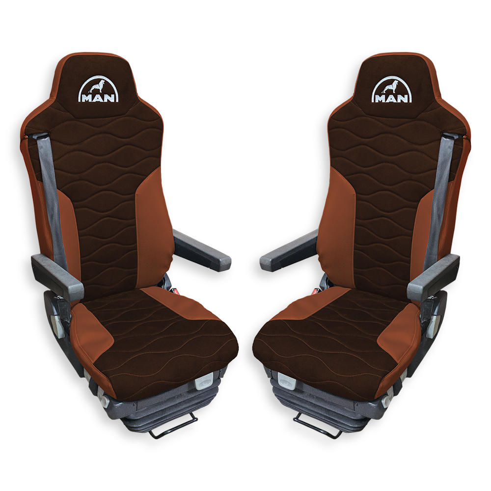 Чехол на сиденья Twin MAN TGX,TGA,TGL,TGM,TGS; (2007-2020) 2 ремня, водитель и пассажир (Низкий) коричневая алькантара - св. коричневая кожа