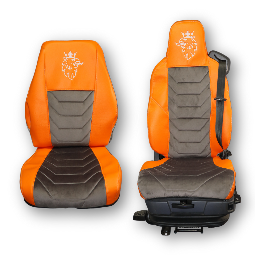 Чехол на сиденья SCANIA R,G,P,S (2014-...) водит. монолит - пасс. складное, серый велюр - оранжевая кожа