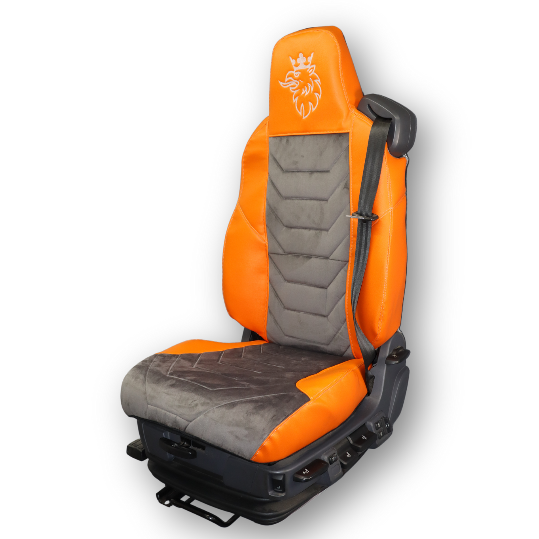 Чехол на сиденья SCANIA R,G,P,S (2014-...) водит. монолит - пасс. складное, серый велюр - оранжевая кожа