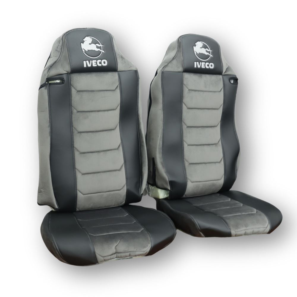 Чехол на сиденья IVECO STRALIS с 2003,  E-CARGO, TRAKKER с 2008,  черная кожа - серый велюр