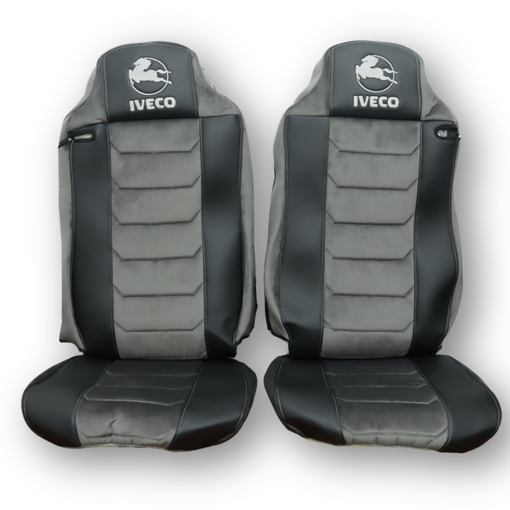 Чехол на сиденья IVECO STRALIS с 2003,  E-CARGO, TRAKKER с 2008,  черная кожа - серый велюр