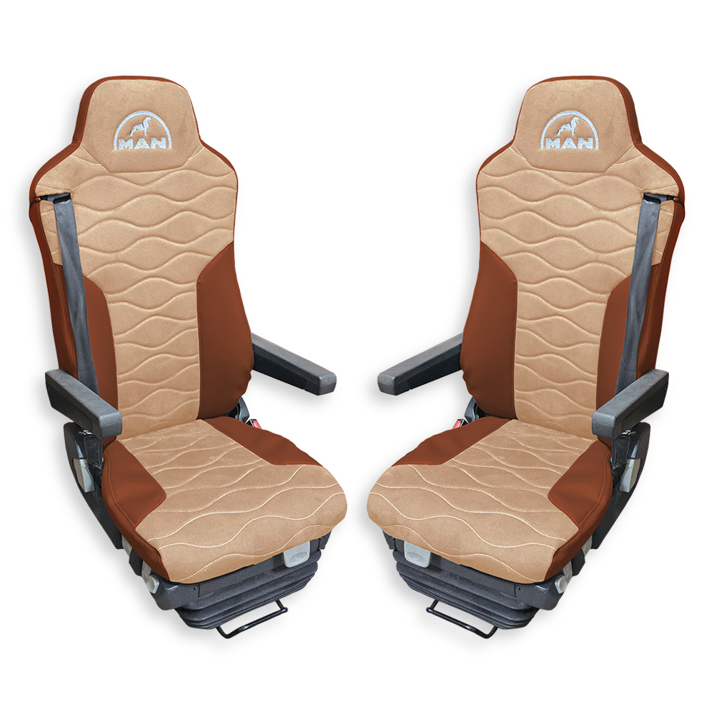 Чехол на сиденья Twin MAN TGX,TGA,TGL,TGM,TGS; (2007-2020) 2 ремня, водитель и пассажир (Низкий) бежевая алькантара - св. коричневая кожа