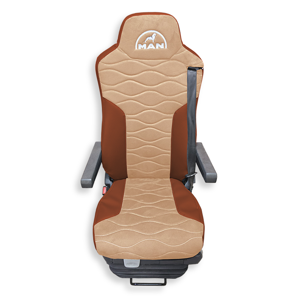 Чехол на сиденья Twin MAN TGX,TGA,TGL,TGM,TGS; (2007-2020) 2 ремня, водитель и пассажир (Низкий) бежевая алькантара - св. коричневая кожа