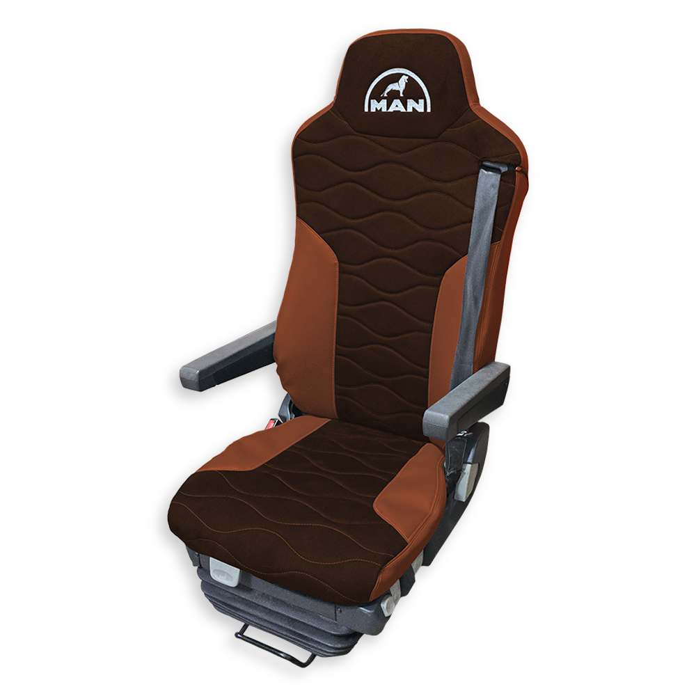 Чехол на сиденья MAN TGX,TGA,TGL,TGM,TGS; (2007-2020) 2 ремня, водитель и пассажир (Низкий) коричневая алькантара - св. коричневая кожа Чехол на сиденья MAN TGX,TGA,TGL,TGM,TGS; (2007-2020) 2 ремня, водитель и пассажир (Низкий) коричневая алькантара - св. коричневая кожа