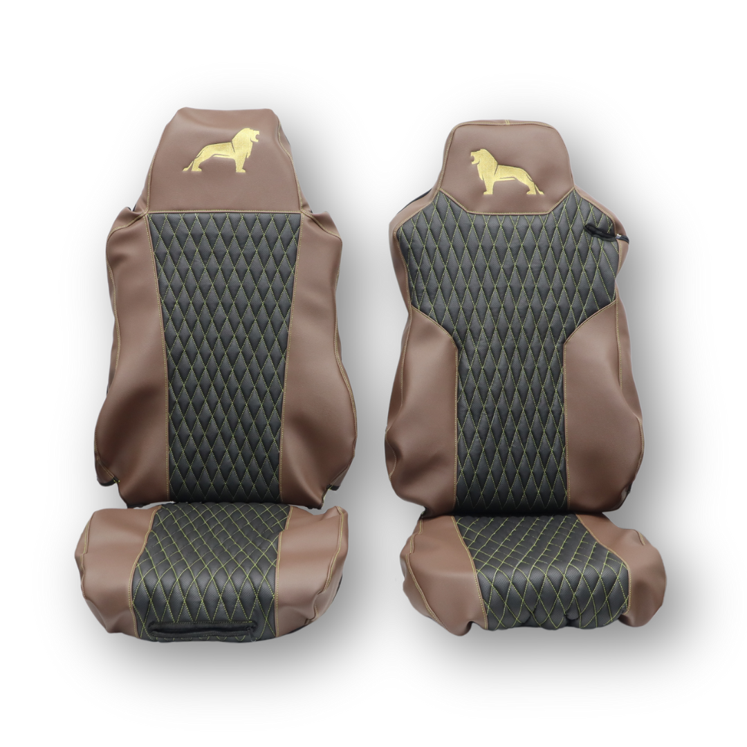 Чехол на сиденья KAR Кожа+стежка MAN TGX,TGA,TGL,TGM,TGS; (2007-2020) 1 ремень, водитель (Низкий) пассажир (Высокий) черная перфор кожа - коричневая Чехол на сиденья KAR Кожа+стежка MAN TGX,TGA,TGL,TGM,TGS; (2007-2020) 1 ремень, водитель (Низкий) пассажир (Высокий) черная перфор кожа - коричневая