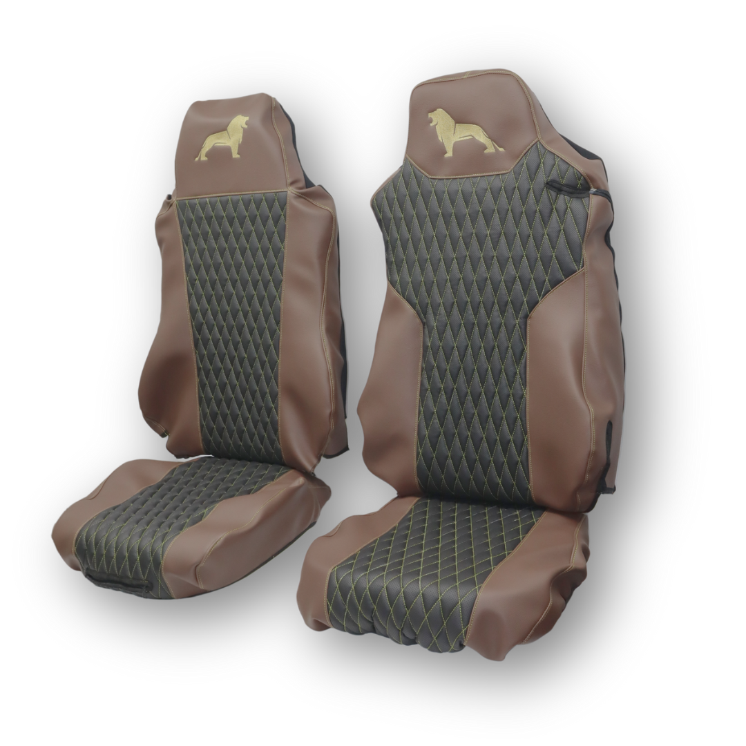 Чехол на сиденья KAR Кожа+стежка MAN TGX,TGA,TGL,TGM,TGS; (2007-2020) 1 ремень, водитель (Низкий) пассажир (Высокий) черная перфор кожа - коричневая Чехол на сиденья KAR Кожа+стежка MAN TGX,TGA,TGL,TGM,TGS; (2007-2020) 1 ремень, водитель (Низкий) пассажир (Высокий) черная перфор кожа - коричневая