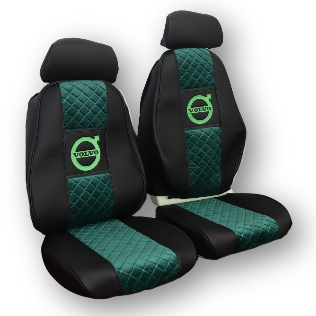 Чехол на сиденья VOLVO FH (до 2002 г.); велюр зеленый - кожа черная Чехол на сиденья VOLVO FH (до 2002 г.); велюр зеленый - кожа черная