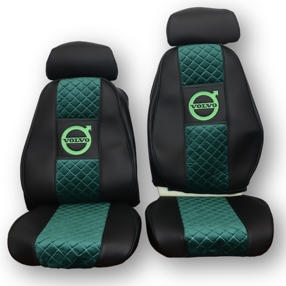 Чехол на сиденья VOLVO FH (до 2002 г.); велюр зеленый - кожа черная Чехол на сиденья VOLVO FH (до 2002 г.); велюр зеленый - кожа черная