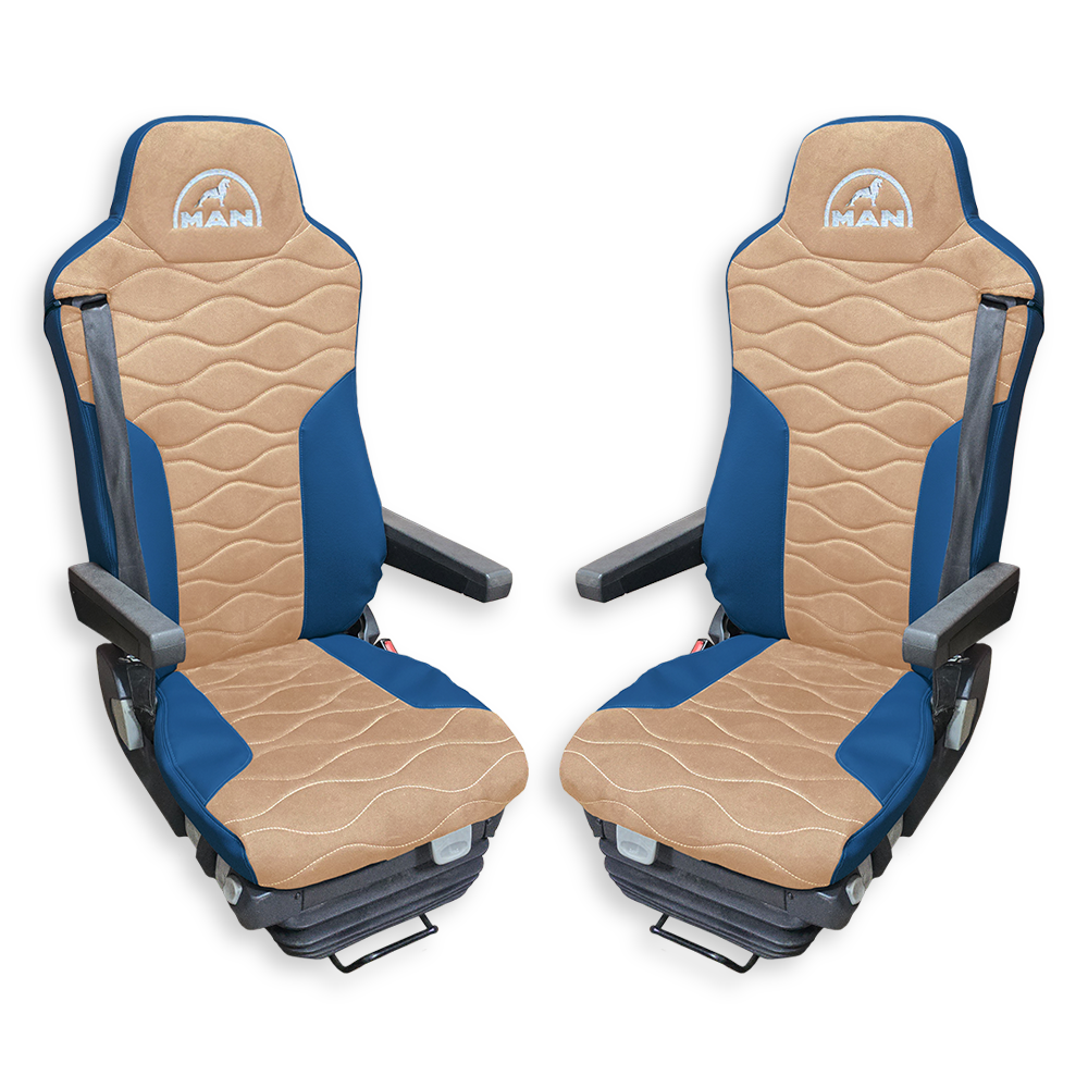 Чохол на сидіння MAN TGX, TGA, TGL, TGM, TGS; (2007-2020) 2 ременя, водій та пасажир (Низький) бежева алькантара - св. синя шкіра Чохол на сидіння MAN TGX, TGA, TGL, TGM, TGS; (2007-2020) 2 ременя, водій та пасажир (Низький) бежева алькантара - св. синя шкіра