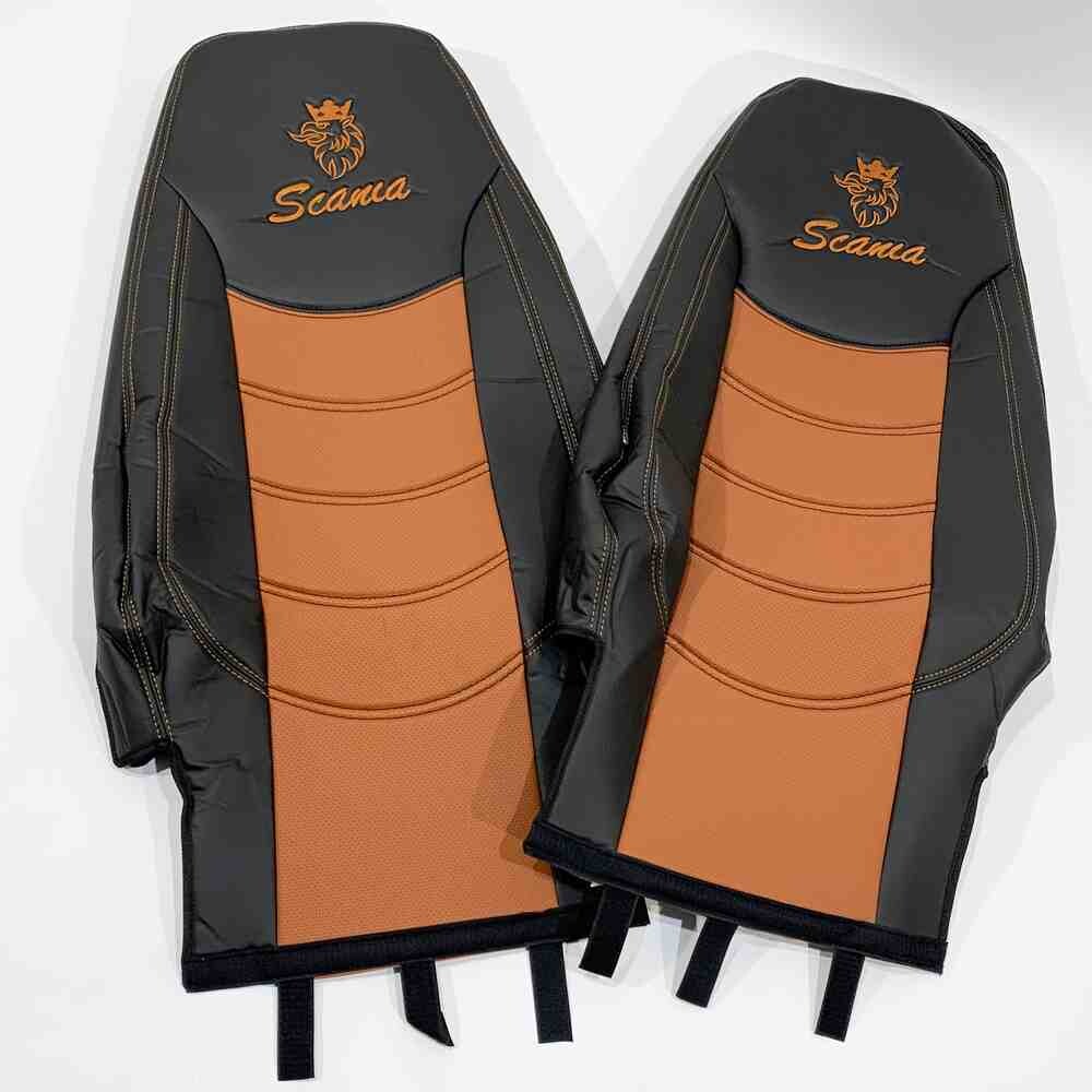 Чохол на сидіння SCANIA R,G,P (2004-2017) водій пілот - пас. складне, перфор.шкіра коричн. Чохол на сидіння SCANIA R,G,P (2004-2017) водій пілот - пас. складне, перфор.шкіра коричн.