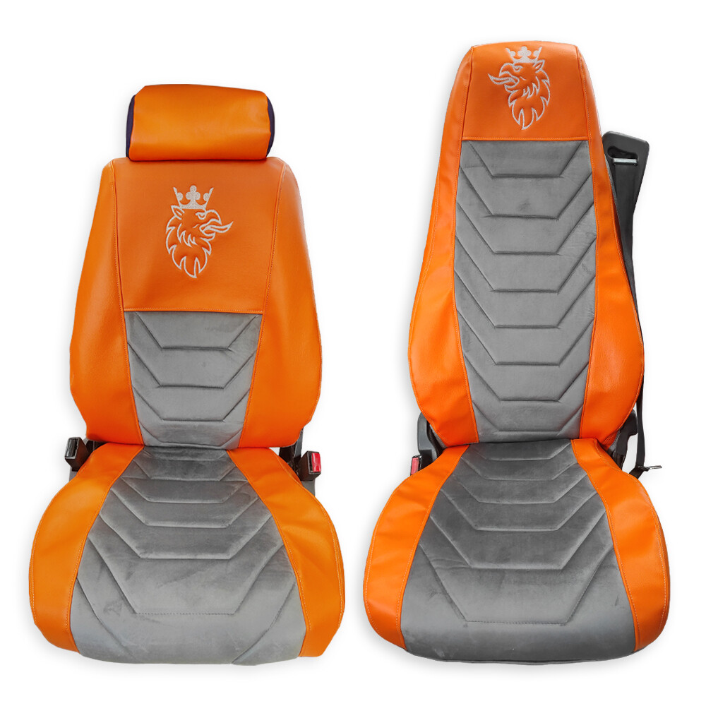Чехол на сиденья Twin SCANIA R,G,P (2004-2017) водит. пилот - пасс. складное, оранж. кожа-велюр серый Чехол на сиденья Twin SCANIA R,G,P (2004-2017) водит. пилот - пасс. складное, оранж. кожа-велюр серый