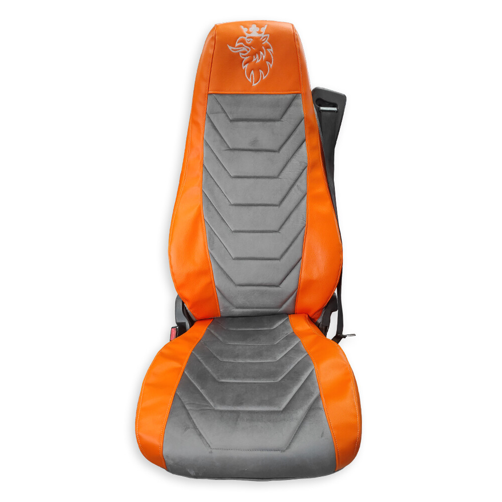 Чехол на сиденья Twin SCANIA R,G,P (2004-2017) водит. пилот - пасс. складное, оранж. кожа-велюр серый Чехол на сиденья Twin SCANIA R,G,P (2004-2017) водит. пилот - пасс. складное, оранж. кожа-велюр серый