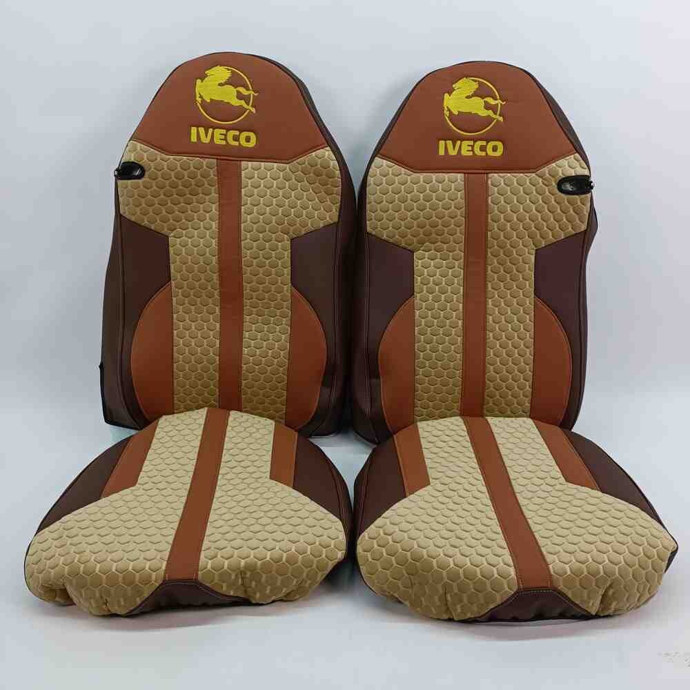 Чехол на сиденья Enterprise Iveco SТ430/460NC/460WC/480; ; кожа коричневая - велюр сота бежевый Чехол на сиденья Enterprise Iveco SТ430/460NC/460WC/480; ; кожа коричневая - велюр сота бежевый