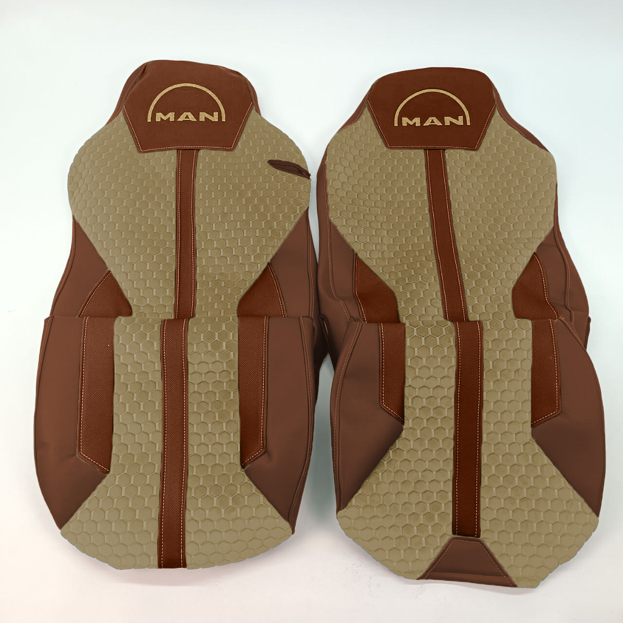 Чехол на сиденья Enterprise MAN TGX,TGA,TGL,TGM,TGS; (2007-2020) 1 ремень, водитель (Низкий) пассажир (Высокий) кожа корич.-велюр сота беж Чехол на сиденья Enterprise MAN TGX,TGA,TGL,TGM,TGS; (2007-2020) 1 ремень, водитель (Низкий) пассажир (Высокий) кожа корич.-велюр сота беж