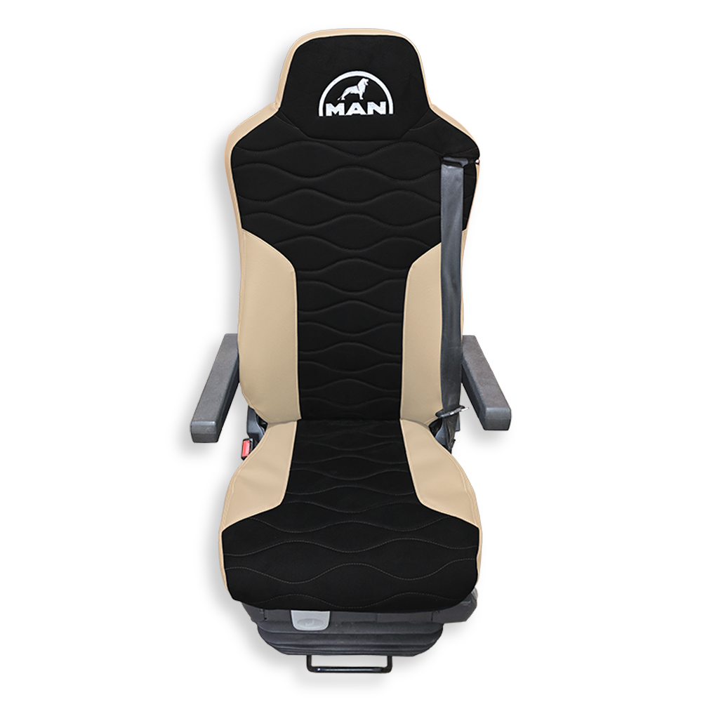 Чехол на сиденья Twin MAN TGX,TGA,TGL,TGM,TGS; (2007-2020) 2 ремня, водитель и пассажир (Низкий) черная алькантара - бежевая кожа