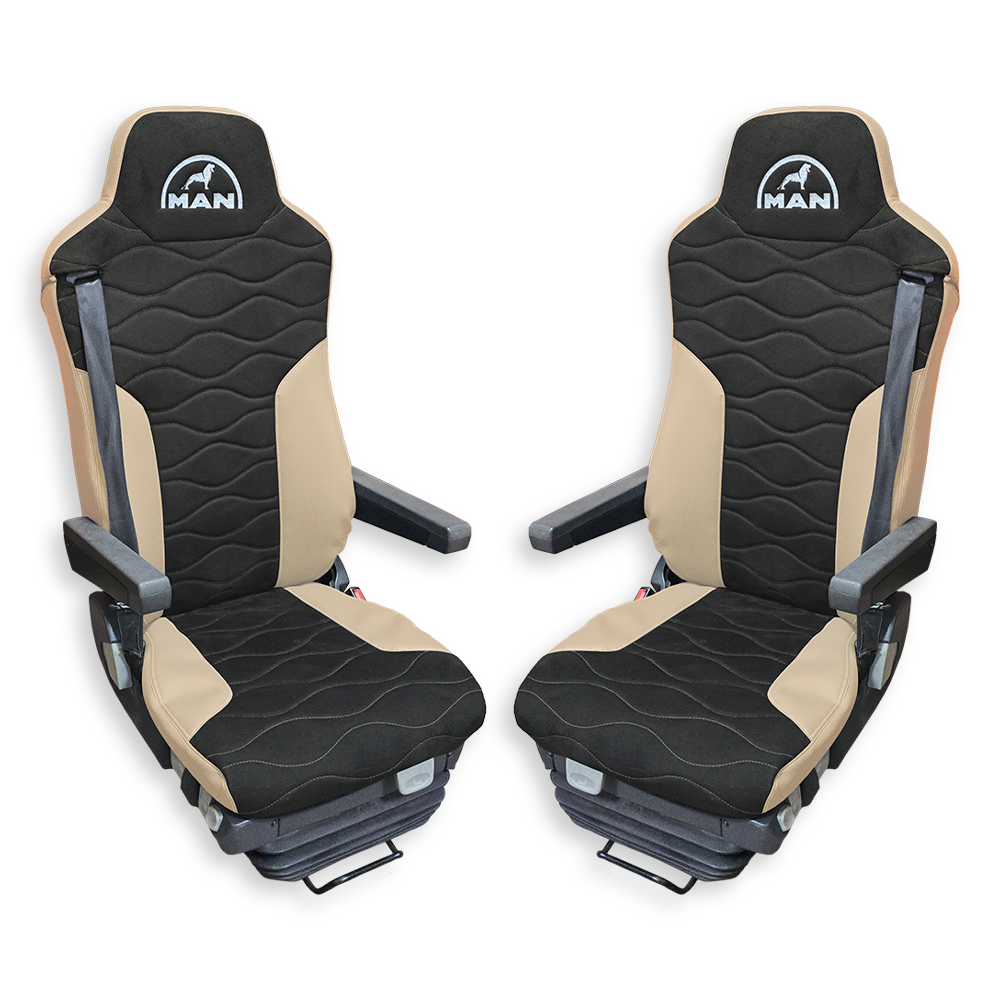 Чохол на сидіння Twin MAN TGX,TGA,TGL,TGM,TGS; (2007-2020) 2 ремені, водій та пасажир (Низький) т.сіра алькантара - бежева шкіра Чохол на сидіння Twin MAN TGX,TGA,TGL,TGM,TGS; (2007-2020) 2 ремені, водій та пасажир (Низький) т.сіра алькантара - бежева шкіра
