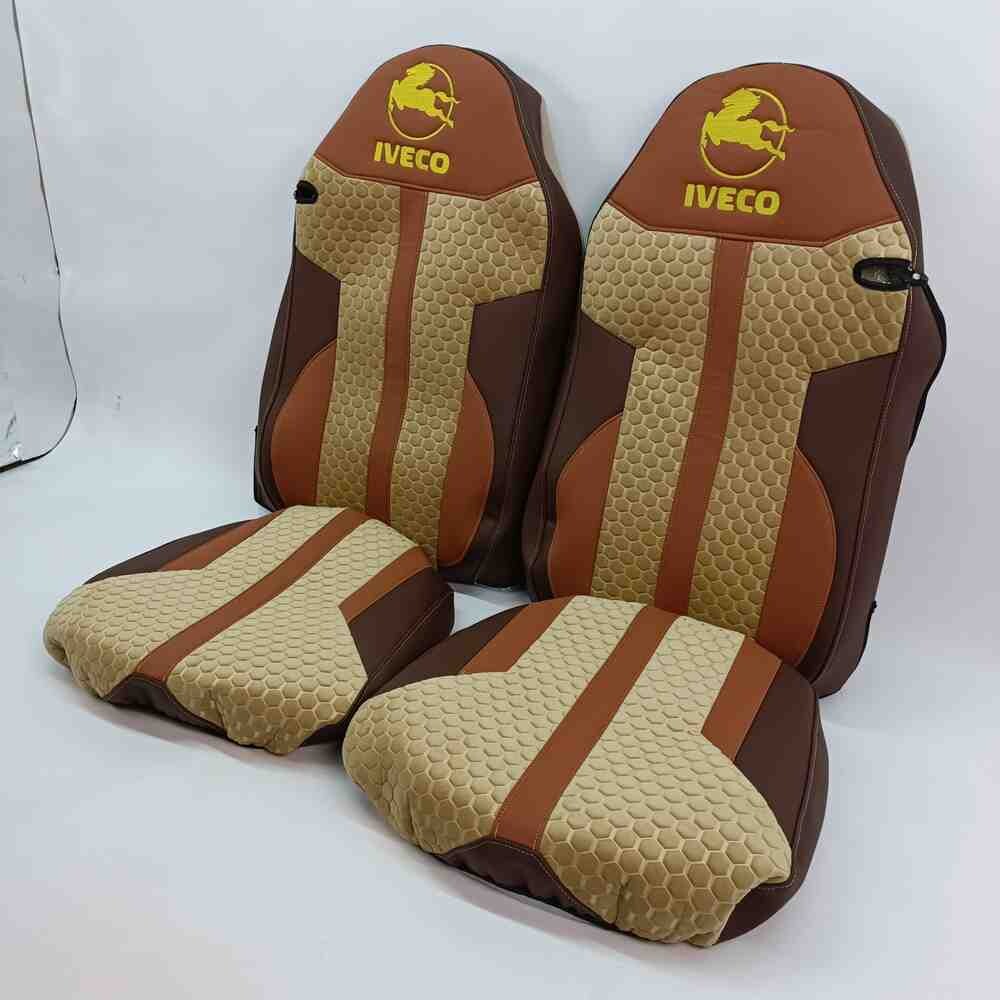 Чехол на сиденья Enterprise Iveco SТ430/460NC/460WC/480; ; кожа коричневая - велюр сота бежевый