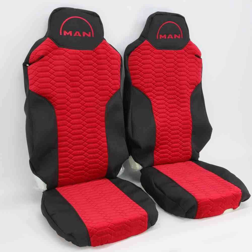 Чехол на сиденья KADIFE Велюр+Ткань MAN TGX,TGA,TGL,TGM,TGS; (2007-2020) 2 ремня, водитель и пассажир (Низкий),подлок. красн