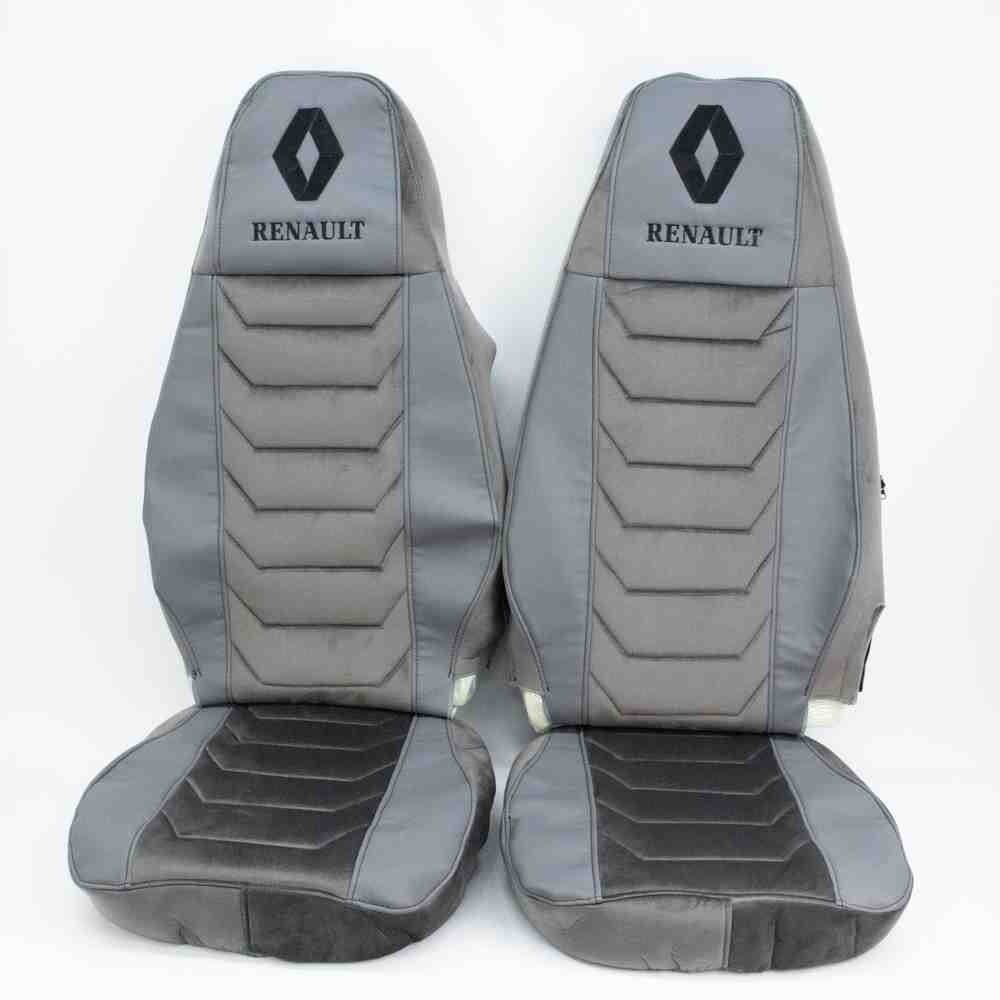 Чехол на сиденья Chess RENAULT MAGNUM (2001- 2013) водитель, пассажир поворотное сидение, серая кожа-серый велюр Чехол на сиденья Chess RENAULT MAGNUM (2001- 2013) водитель, пассажир поворотное сидение, серая кожа-серый велюр