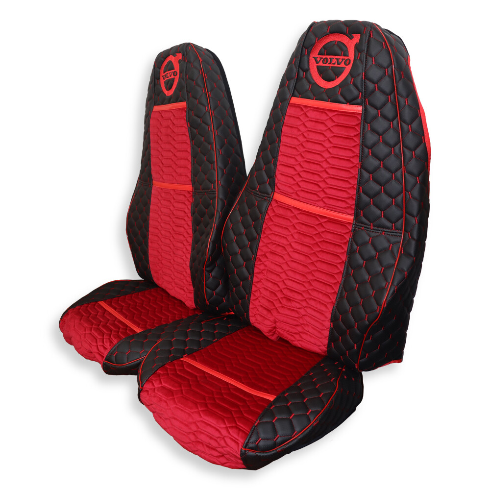 Чохол на сидіння KADIFE Велюр+Екошкіра VOLVO FH FM (2002-2013) чорна шкіра преф.- червона нитка