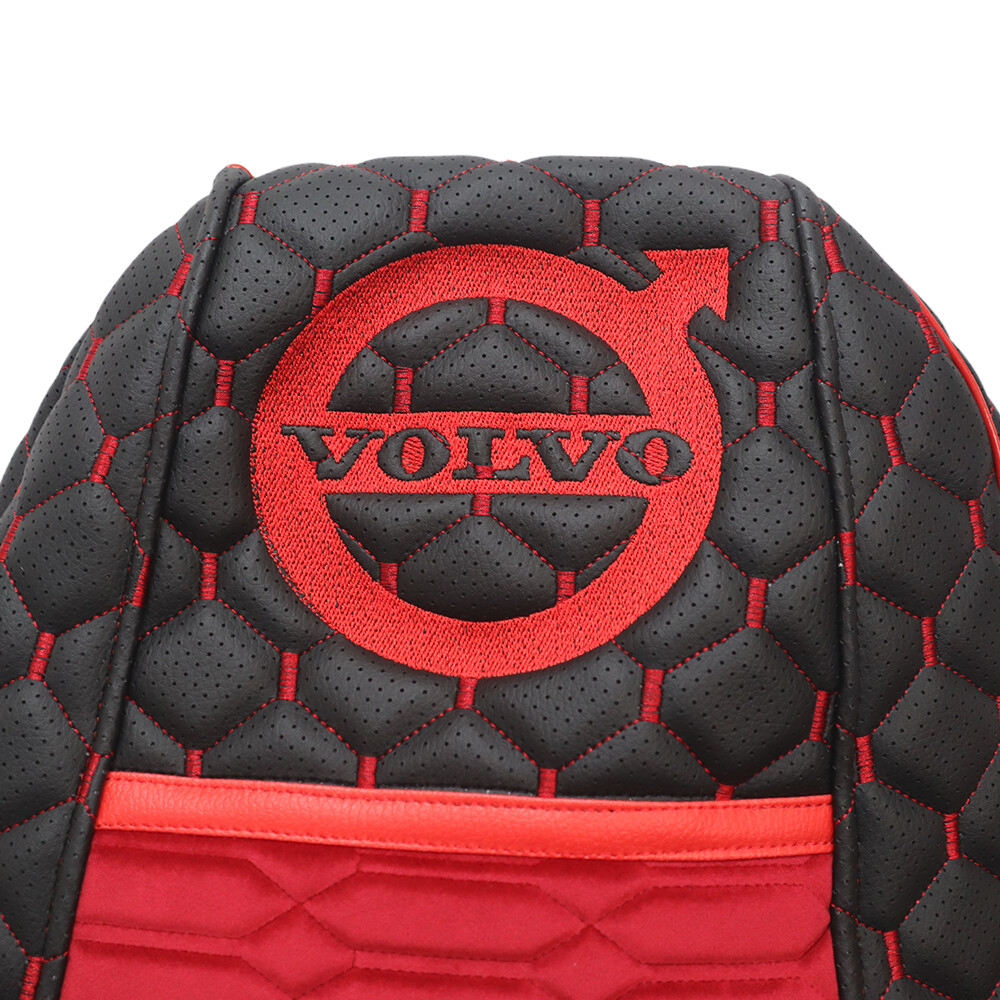 Чохол на сидіння KADIFE Велюр+Екошкіра VOLVO FH FM (2002-2013) чорна шкіра преф.- червона нитка