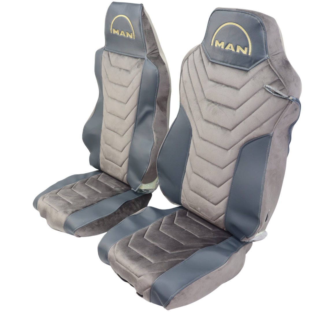 Чехол на сиденья MAN TGX,TGA,TGL,TGM,TGS; (2007-2020) 1 ремень, водитель (Низкий) пассажир (Высокий) серый велюр-серая кожа Чехол на сиденья MAN TGX,TGA,TGL,TGM,TGS; (2007-2020) 1 ремень, водитель (Низкий) пассажир (Высокий) серый велюр-серая кожа