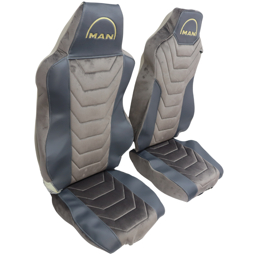 Чехол на сиденья MAN TGX,TGA,TGL,TGM,TGS; (2007-2020) 1 ремень, водитель (Низкий) пассажир (Высокий) серый велюр-серая кожа Чехол на сиденья MAN TGX,TGA,TGL,TGM,TGS; (2007-2020) 1 ремень, водитель (Низкий) пассажир (Высокий) серый велюр-серая кожа