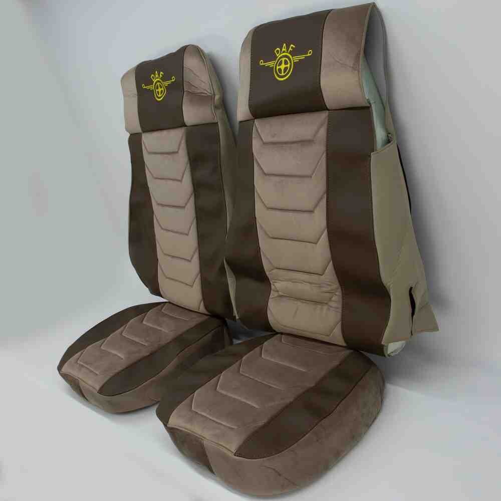 Чехол на сиденья Chess DAF XF105 106 XG CF85 LF (2013-2024) коричневая кожа- бежевый велюр Чехол на сиденья Chess DAF XF105 106 XG CF85 LF (2013-2024) коричневая кожа- бежевый велюр