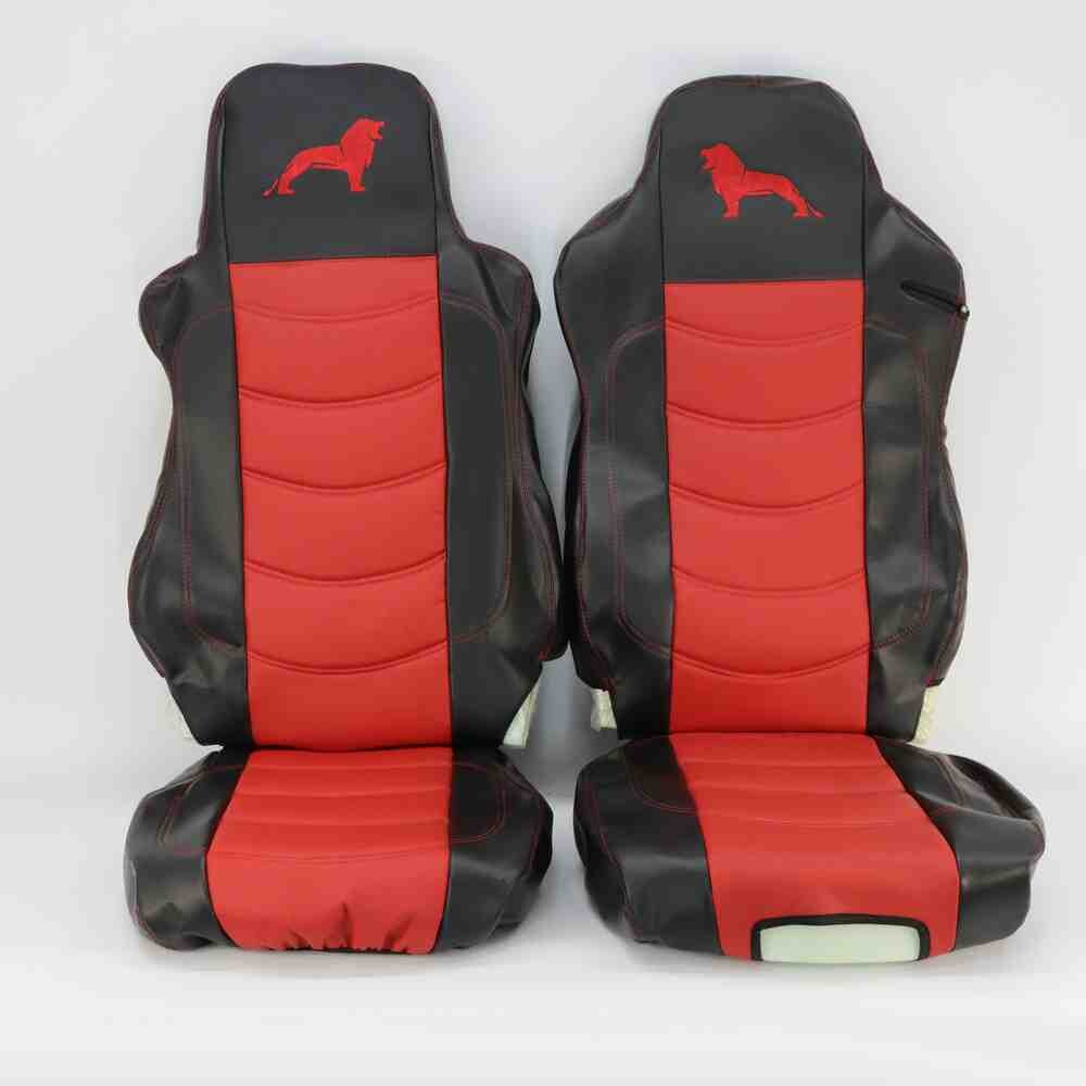 Чохол на сидіння MAN TGX,TGA,TGL,TGM,TGS; (2007-2020) 1 ремінь, водій (Низький) пасажир (Високий) перфор.шкіра червона - боки чорн.