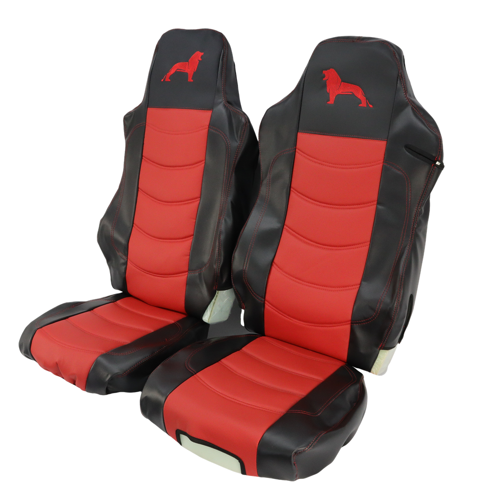 Чохол на сидіння MAN TGX,TGA,TGL,TGM,TGS; (2007-2020) 1 ремінь, водій (Низький) пасажир (Високий) перфор.шкіра червона - боки чорн.