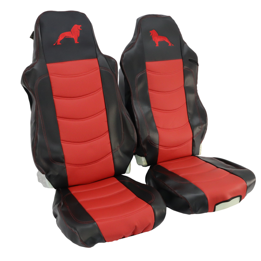 Чохол на сидіння MAN TGX,TGA,TGL,TGM,TGS; (2007-2020) 1 ремінь, водій (Низький) пасажир (Високий) перфор.шкіра червона - боки чорн.