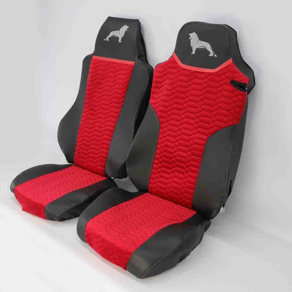 Чохол на сидіння KADIFE Велюр+Екошкіра MAN TGX,TGA,TGL,TGM,TGS; (2007-2020) 1 ремінь, водій (Низький) пасажир (Високий) чорна шкіра+червоний велюр