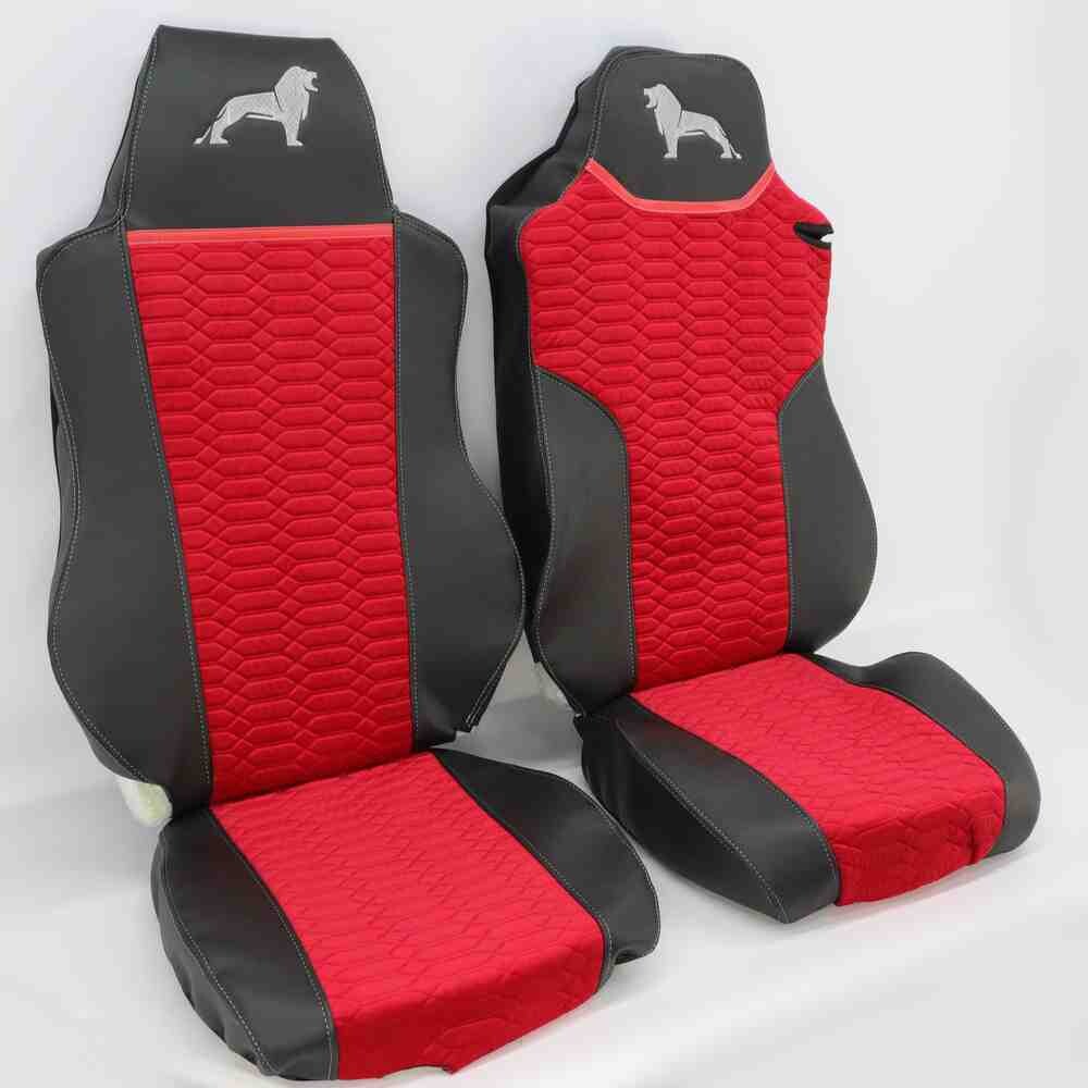 Чохол на сидіння KADIFE Велюр+Екошкіра MAN TGX,TGA,TGL,TGM,TGS; (2007-2020) 1 ремінь, водій (Низький) пасажир (Високий) чорна шкіра+червоний велюр