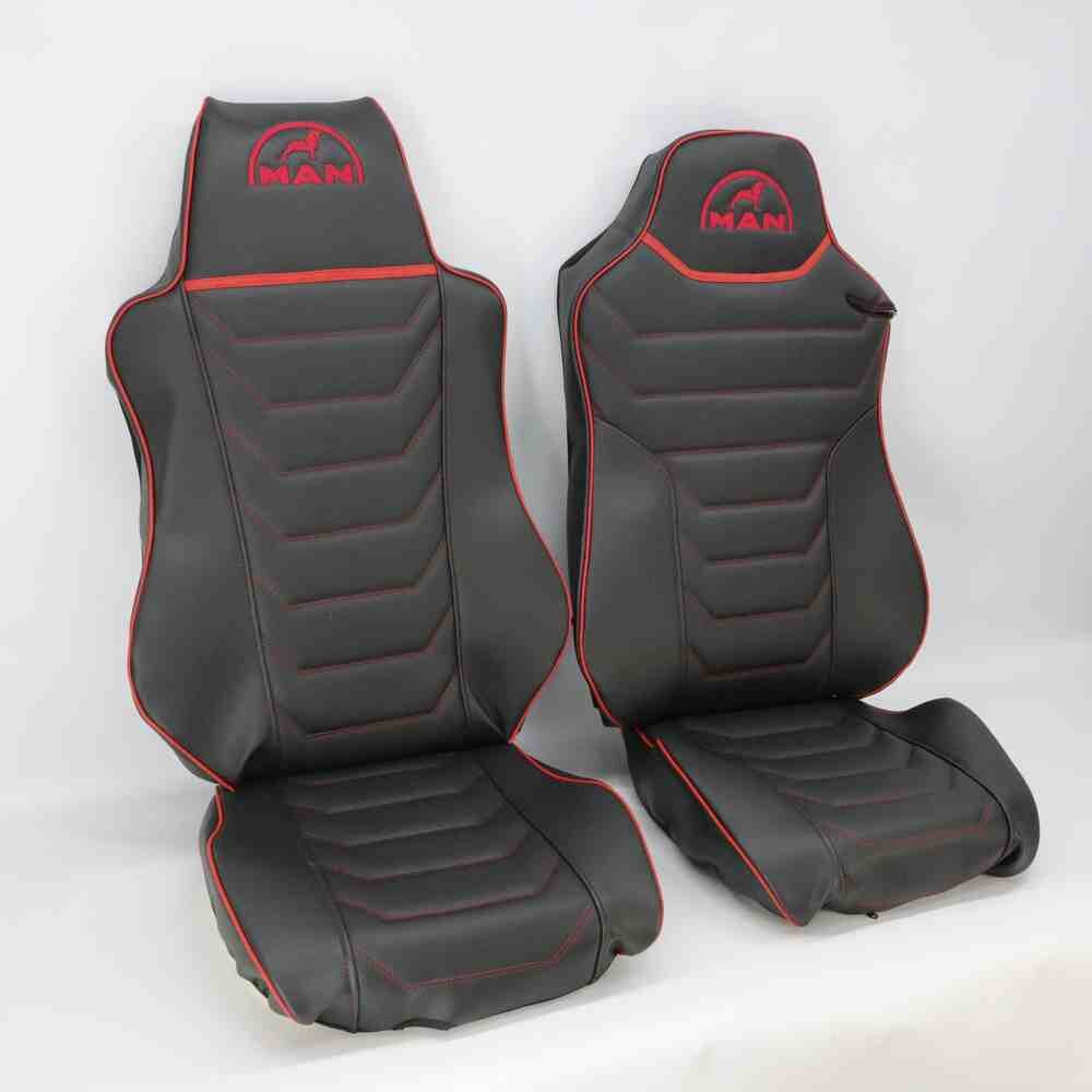 Чохол на сидіння MAN TGX,TGA,TGL,TGM,TGS; (2007-2020) 1 ремінь, водій (Низький) пасажир (Високий) перфорована шкіра чорна - боки чорні