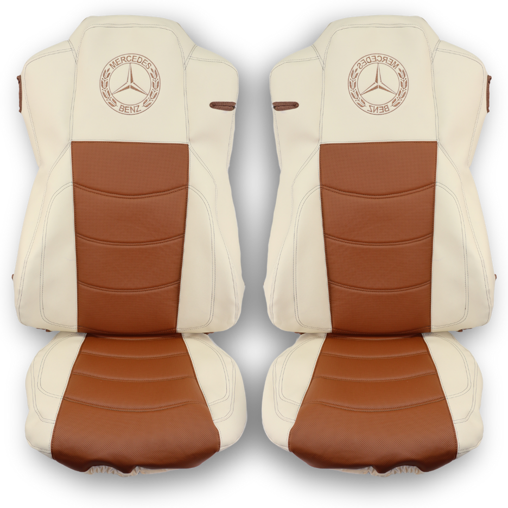 Чохол на сидіння Mercedes Actros (2011-...) 2 ременя, перфорована шкіра (бежево-коричневий) Чохол на сидіння Mercedes Actros (2011-...) 2 ременя, перфорована шкіра (бежево-коричневий)