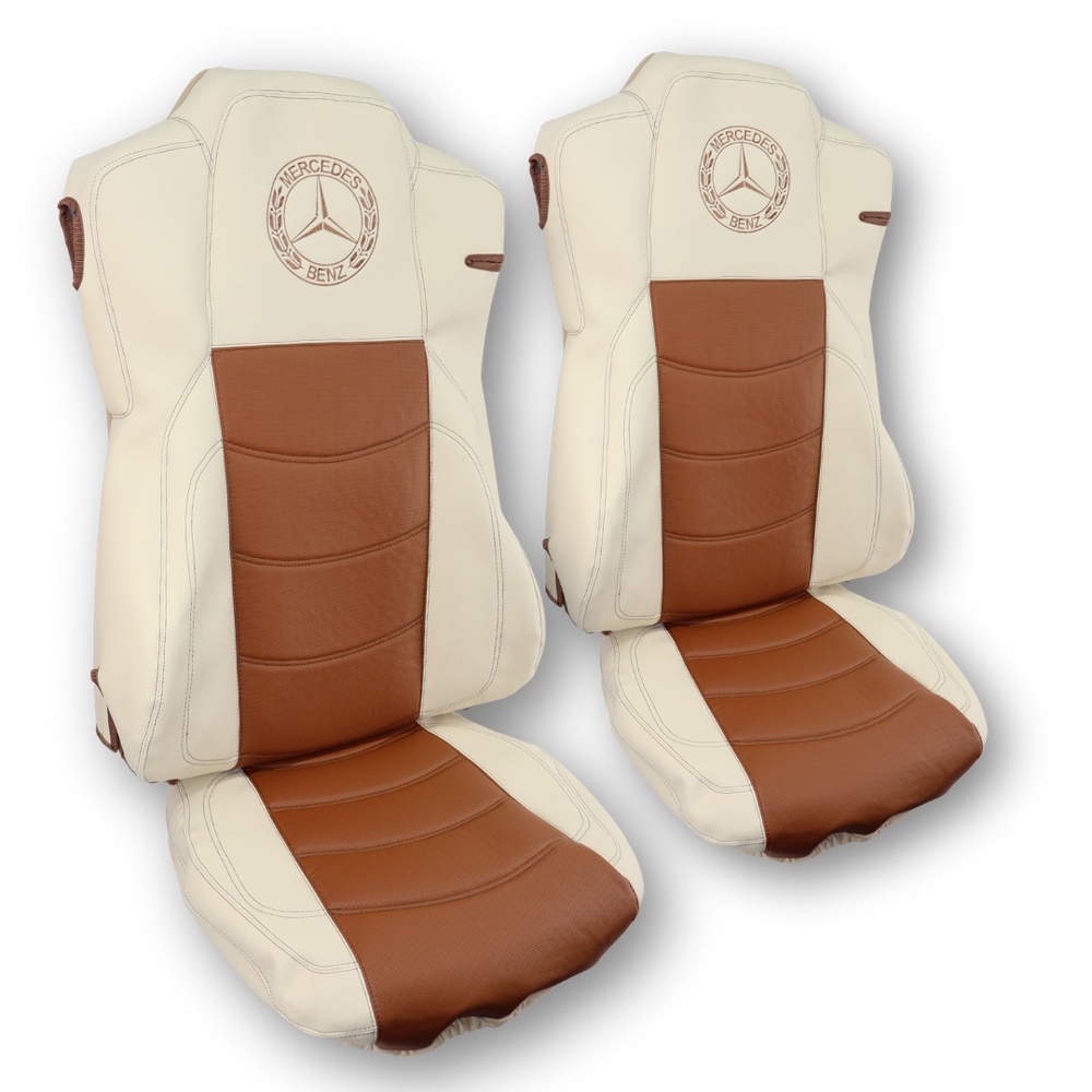 Чохол на сидіння Mercedes Actros (2011-...) 2 ременя, перфорована шкіра (бежево-коричневий) Чохол на сидіння Mercedes Actros (2011-...) 2 ременя, перфорована шкіра (бежево-коричневий)
