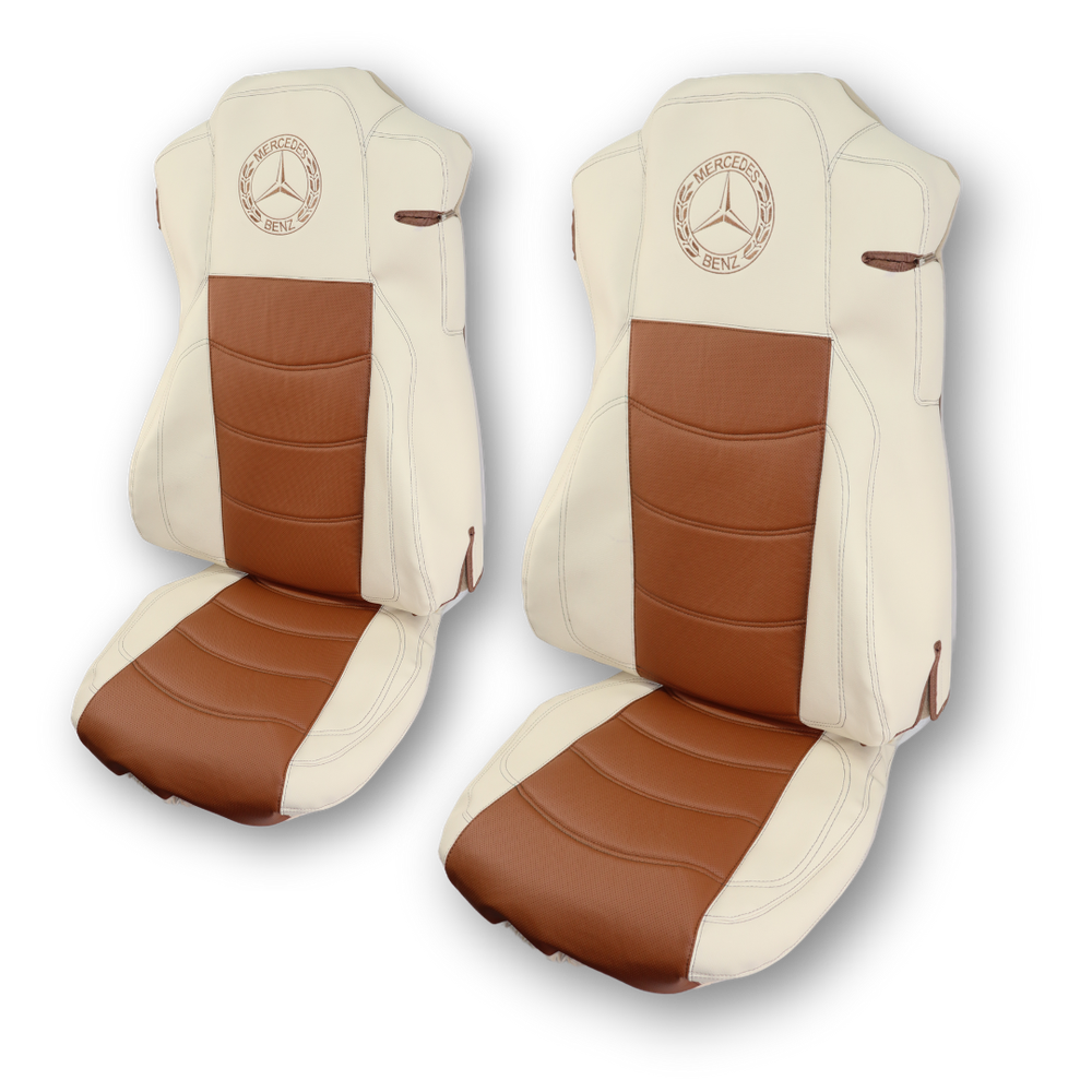 Чохол на сидіння Mercedes Actros (2011-...) 2 ременя, перфорована шкіра (бежево-коричневий) Чохол на сидіння Mercedes Actros (2011-...) 2 ременя, перфорована шкіра (бежево-коричневий)