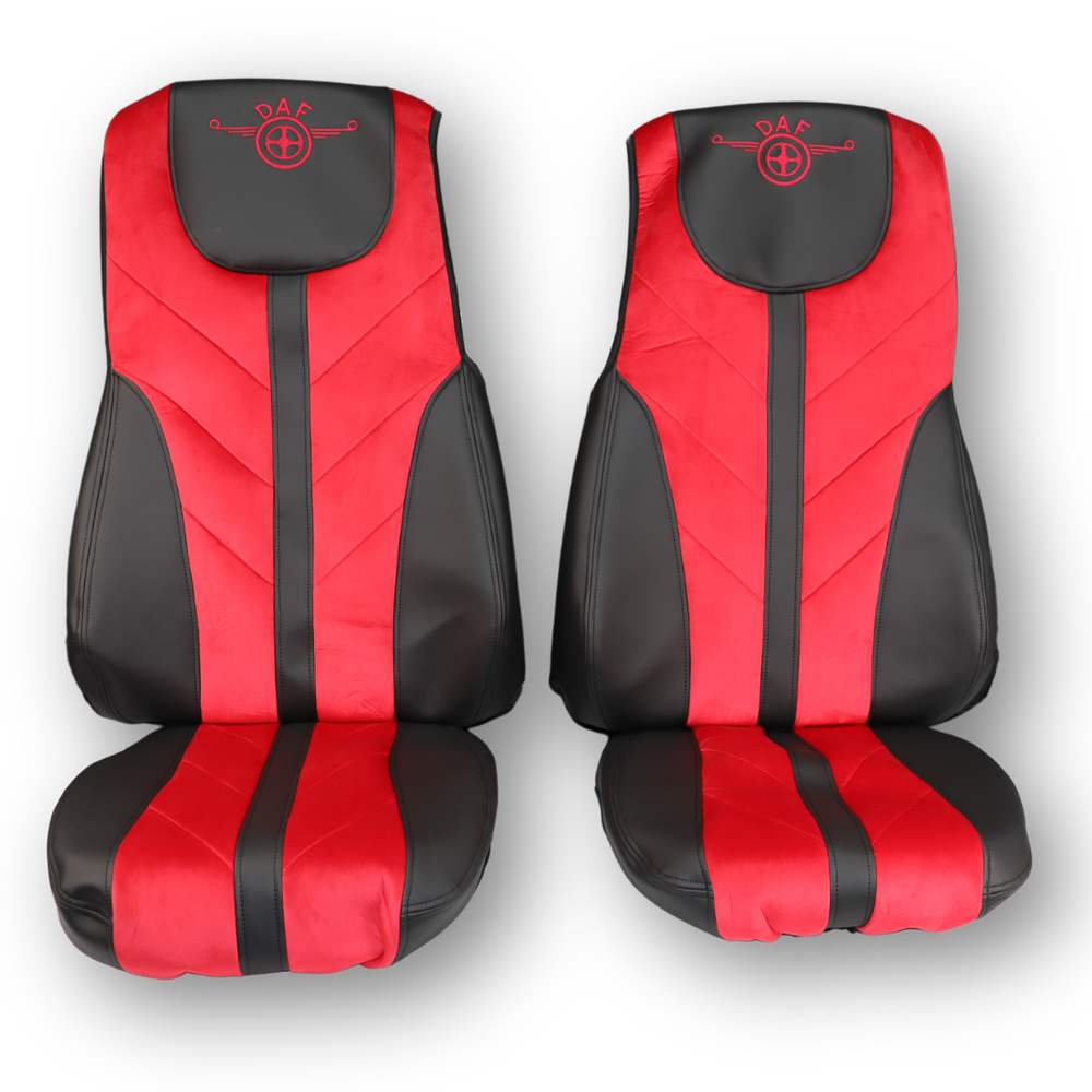 Чехол на сиденья Enterprise DAF XF105 106 XG CF85 LF (2013-2024) (кожа черная - велюр красный) Чехол на сиденья Enterprise DAF XF105 106 XG CF85 LF (2013-2024) (кожа черная - велюр красный)